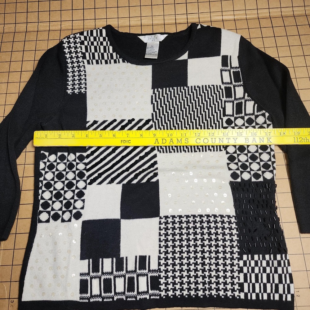 P/S black & white patchwork color blocked with sequins 3/4 sleeved sweater